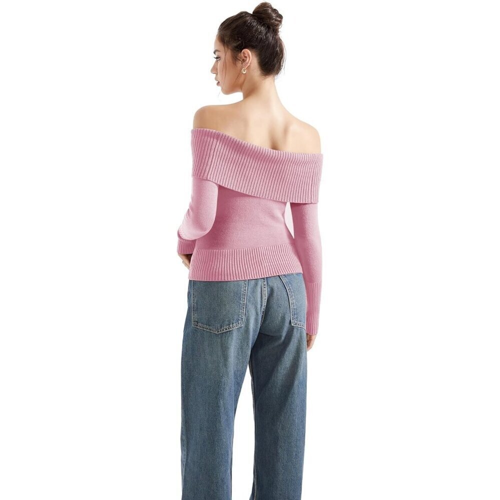 Women Pink Off Shoulder Long Sleeve Tops Blouse Sweaters - Picture 6 of 7